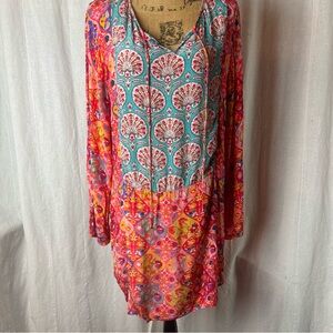 Benares Tunic Top Floral Boho Blouse Silky Viscose Multicolor Lightweight Size L